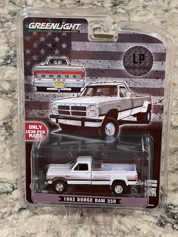 Greenlight LP Diecast Garage Exclusive 1993 Dodge Ram 350 Silver & White 1/64