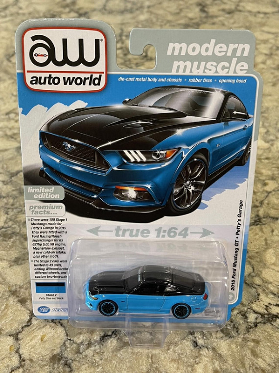 Auto World 2015 Ford Mustang GT Petty's Garage Blue and Black 1/64 AW64432 A