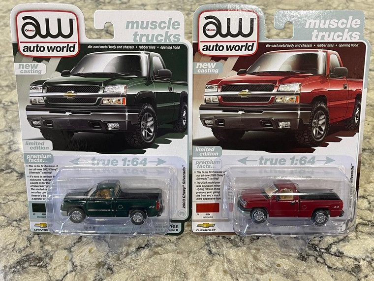 Auto World New Casting 2003 Chevy Silverado 2 Truck Set Green & Red 1/64 AW64432