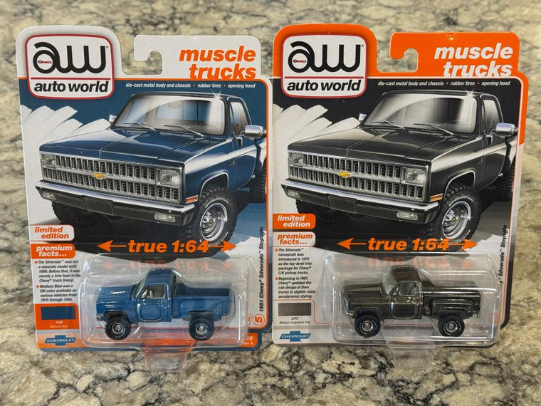 Auto World 1981 Chevrolet Silverado Stepside Pickup Truck Set Gray and Blue 1/64