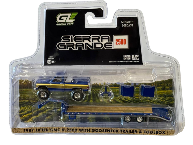 Greenlight Midwest Exclusive 1987 GMC Sierra & Gooseneck Trailer Blue/Gold 1/64