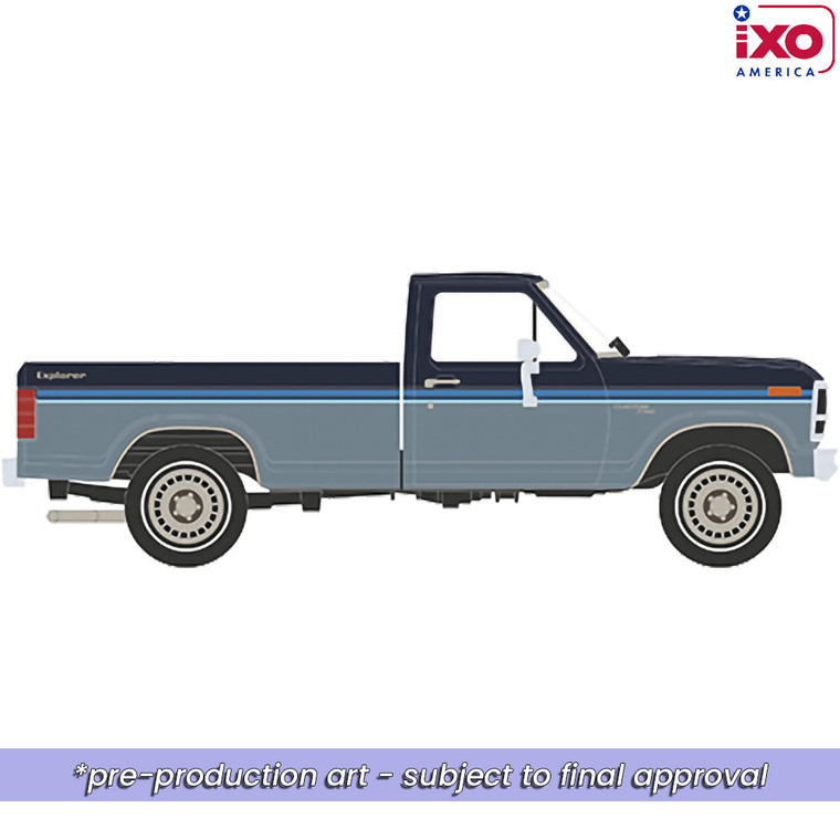 1_PREORDER IXO 1981 Ford F-150 Custom Explorer Short Bed Styleside 4x2 - Tu-Tone Midnight Blue Metallic and Medium Blue Glow 1/64