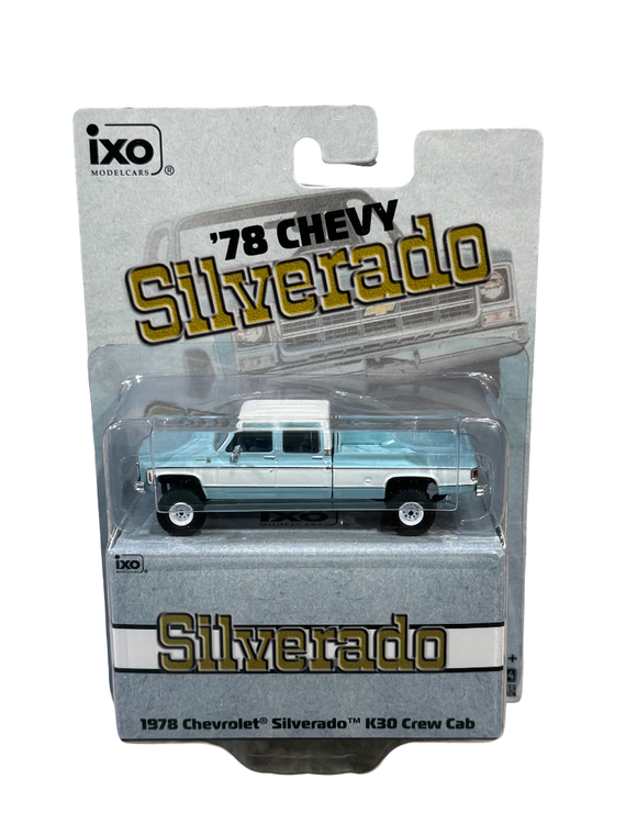 IXO 1978 Chevrolet Silverado K30 Crew Cab Fleetside Lifted - Light Blue and Frost White 1/64 IA64007