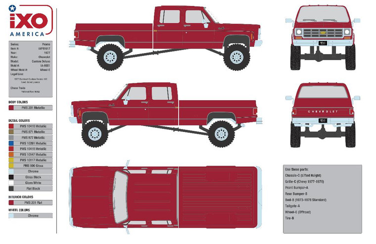 1_PREORDER IXO Midwest Diecast Exclusive 1977 Chevrolet Custom Deluxe K10 Lifted – Red Metallic 1/64