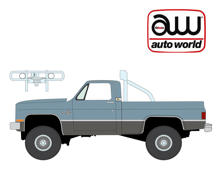 1_PREORDER Auto World 1987 Chevy Silverado Fleetside 4x4 w/Roll Bar & Push Bar Light Blue w/Steal Gray Lower 2-Tone