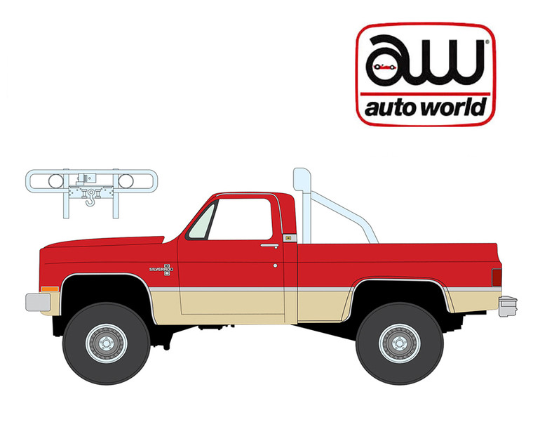 1_PREORDER Auto World 1987 Chevy Silverado Fleetside 4x4 w/Roll Bar & Push Bar Bright Red w/Tan Lower 2-Tone