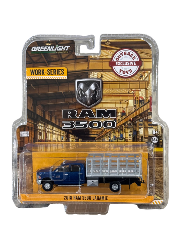 Greenlight Work-Series Outback Toys Exclusive 2018 Ram Dually Stake Truck 1/64 Blue