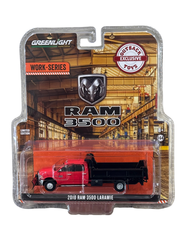 Greenlight Work-Series Outback Toys Exclusive 2018 Ram Dually Dump Bed Snow Blade 1/64 Red