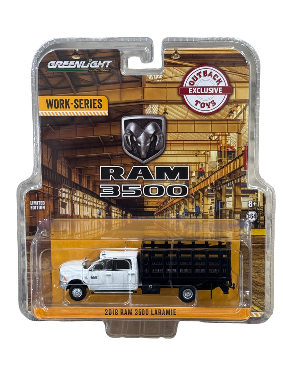 Greenlight Work-Series Outback Toys Exclusive 2018 Ram Dually Stake Truck 1/64 White