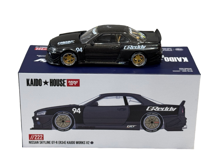 Sealed Case of 24 Kaido House Nissan Skyline GT-R (R34) Kaido Works GReddy V2 Black Carbon 1/64