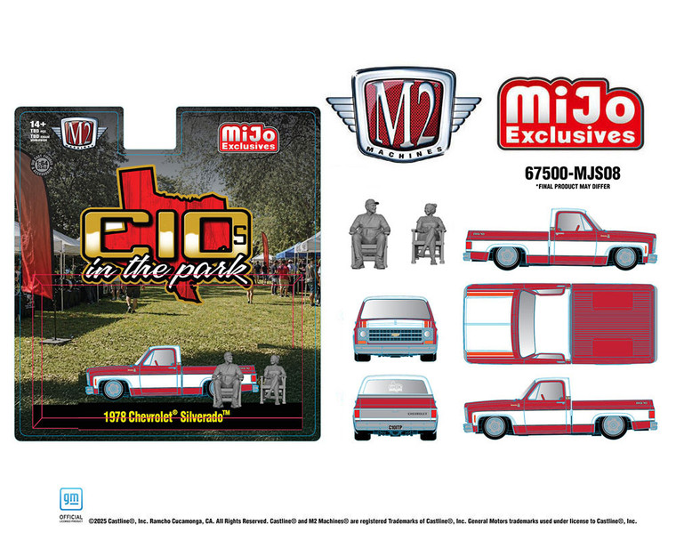 1_PREORDER  M2 Diorama “C10s In The Park” 1978 Chevrolet Silverado w 2 Figures – Two-Tone Red White – Mijo Exclusives 67500-MJS08