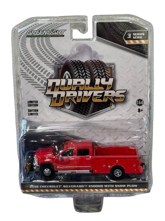 Greenlight Dually Drivers 3 Red 2018 Chevy Silverado 3500HD with Snow Plow 1/64