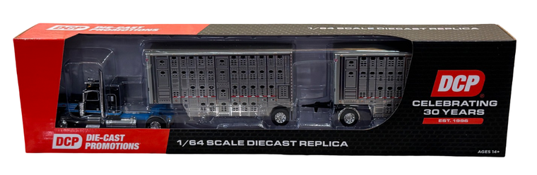 DCP Black/Cyan Peterbilt with Wilson Double Livestock Trailers 1/64 60-2341