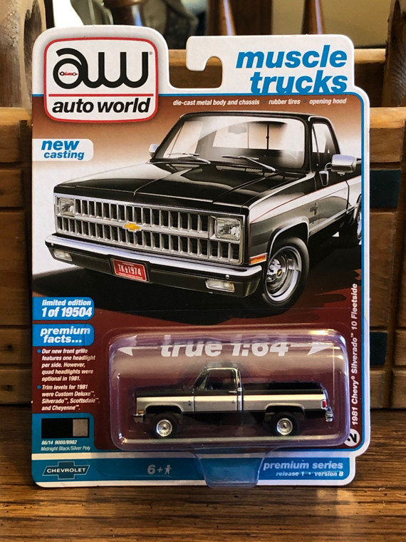 Auto World 1981 Chevrolet Silverado Pickup Truck Black with Silver 1/64