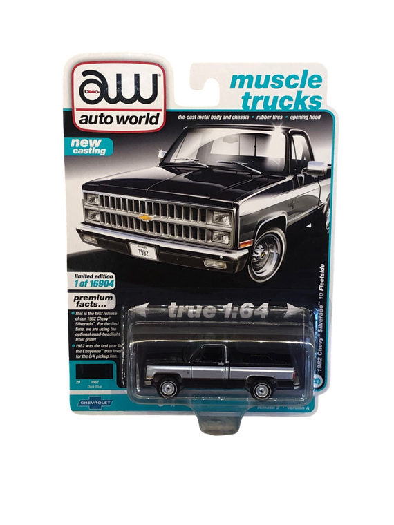 Auto World 1982 Chevrolet Silverado Pickup Truck Dark Blue Silver 1/64