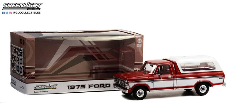 Greenlight 1975 Ford F-100 Candy Apple Red White Pickup Truck 1/18 In Stock FREE SHIPPING
