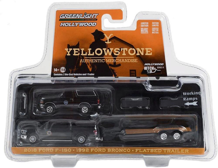 Greenlight Hitch & Tow Yellowstone 2018 F-150 & 1992 Bronco with Trailer 1/64