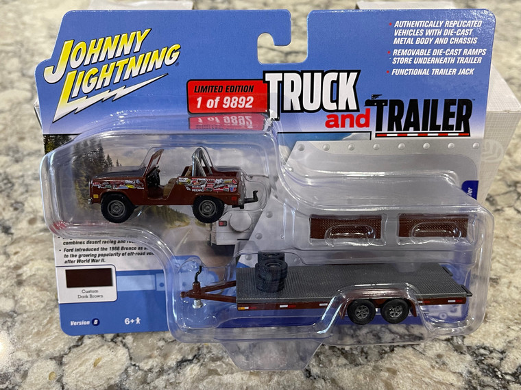 Johnny Lightning Dark Brown 1966 Ford Bronco with Open Car Trailer 1/64