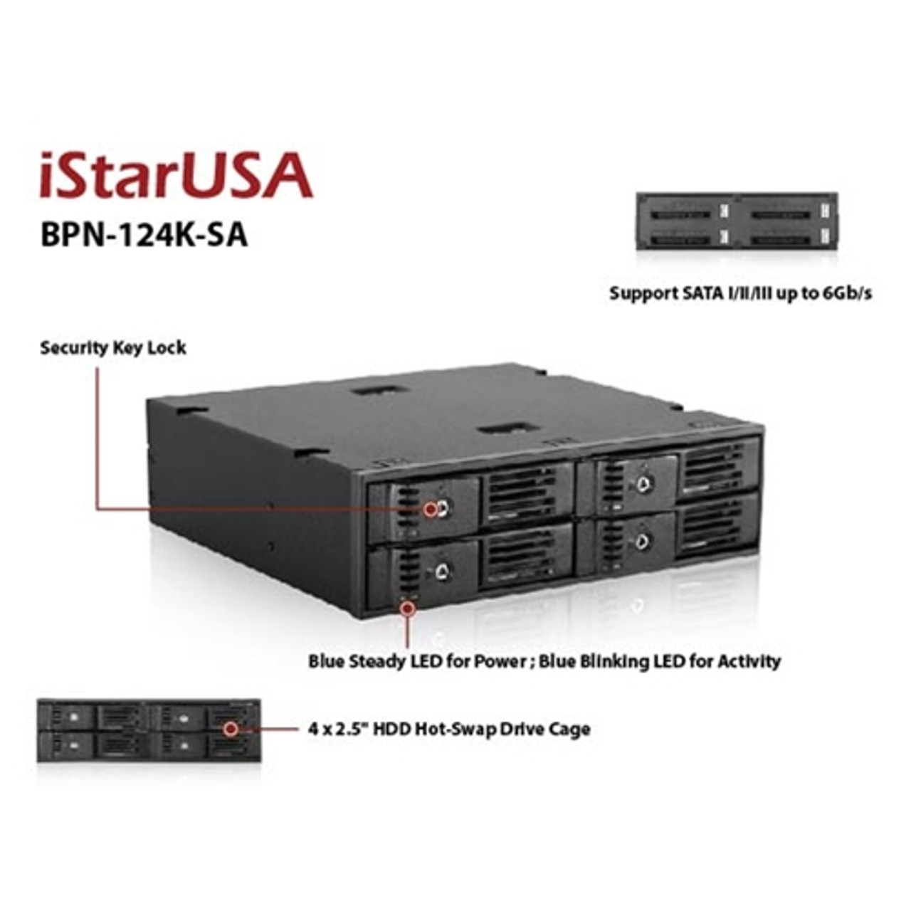 iStarUSA BPN-124K-SA Trayless 5.25-Inch to 4x2.5-Inch HDD SSD Hot-Swap Rack