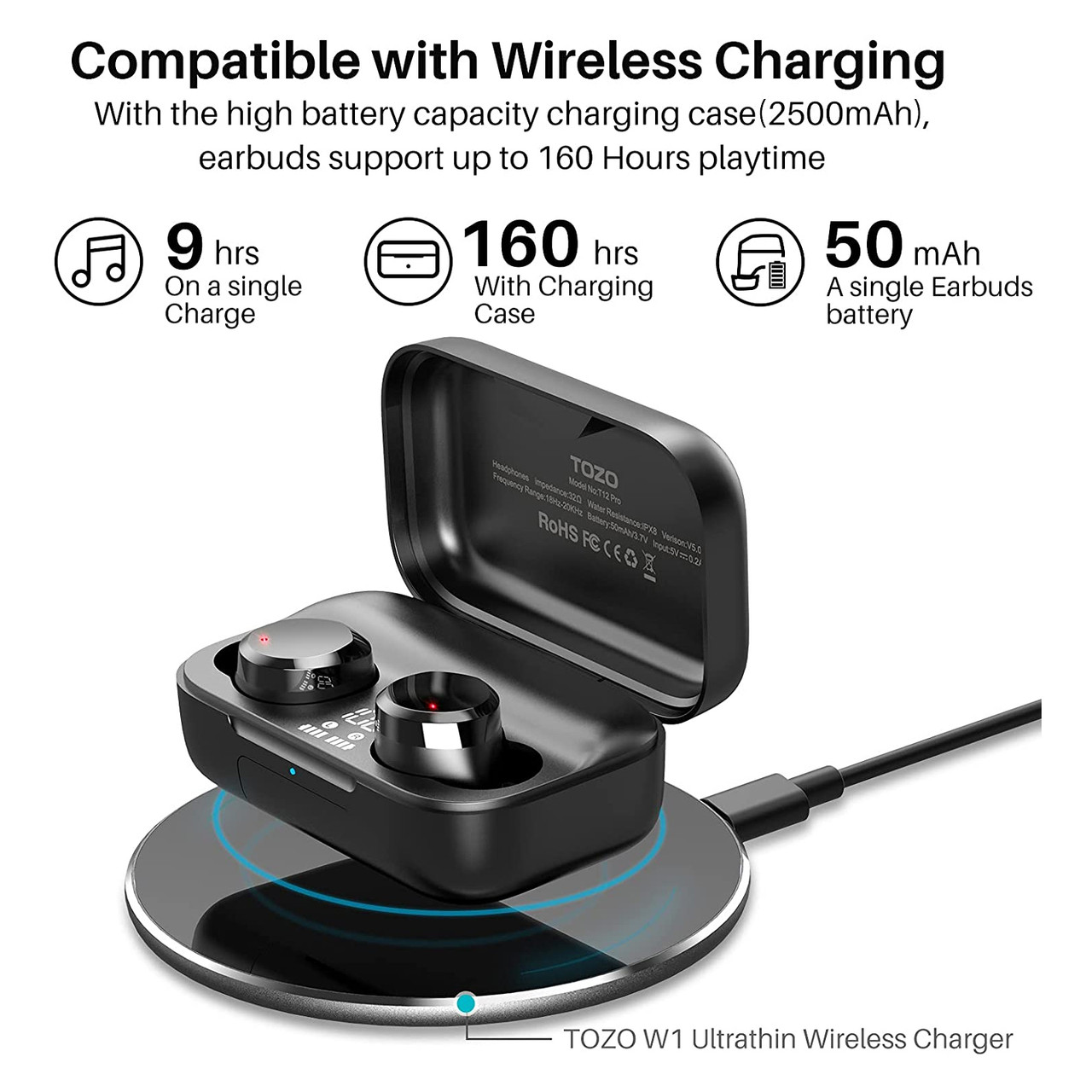 TOZO T12 Pro Earbuds Built in Mic & Wireless Charging Case