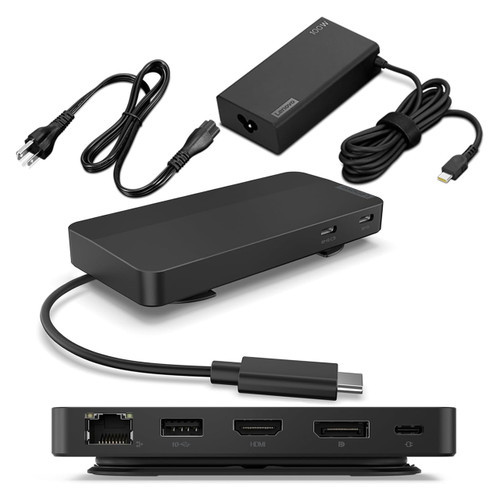 Lenovo 40B90100US USB-C Dual Display 4K Travel Dock w/ 100W Power Adapter - 7 Ports, Universal Compatibility - Black