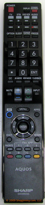 Sharp RRMCGA936WJSA Remote Control