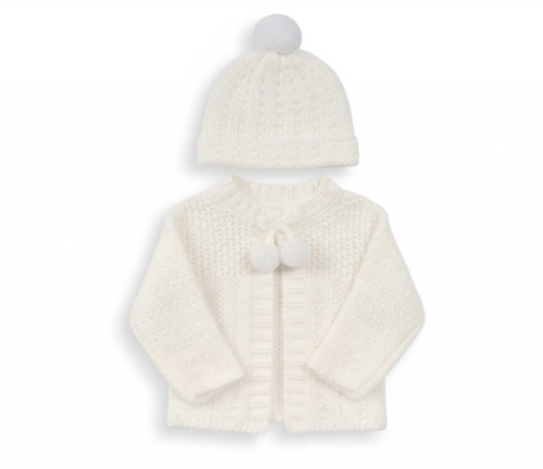 Nursery Time White Cardigan and Hat Pom Pom Set