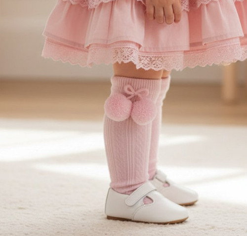 Soft Touch Ribbed Knee Socks with Pom Poms - pink