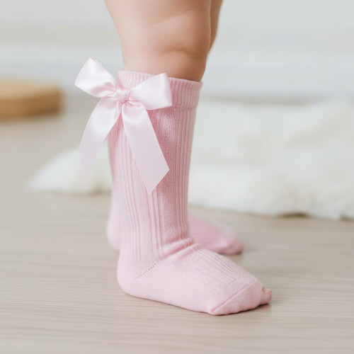 Pink Cable Knee High Socks with Bow