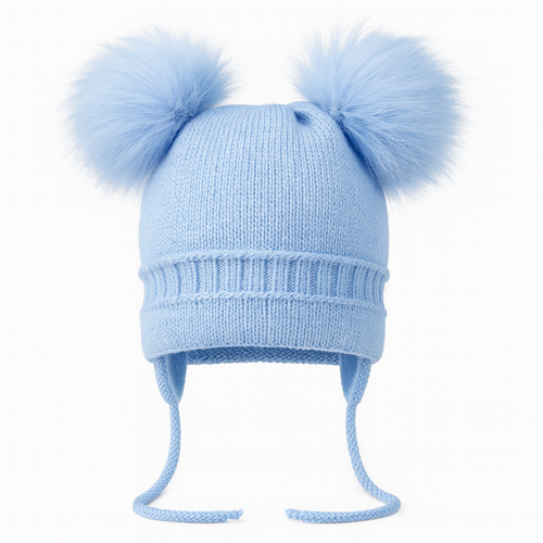 Blue Double Pom Pom Hat with Ties