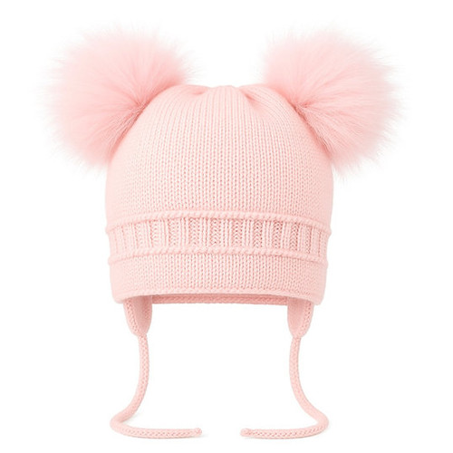 Pink Double Pom Pom Hat with Ties