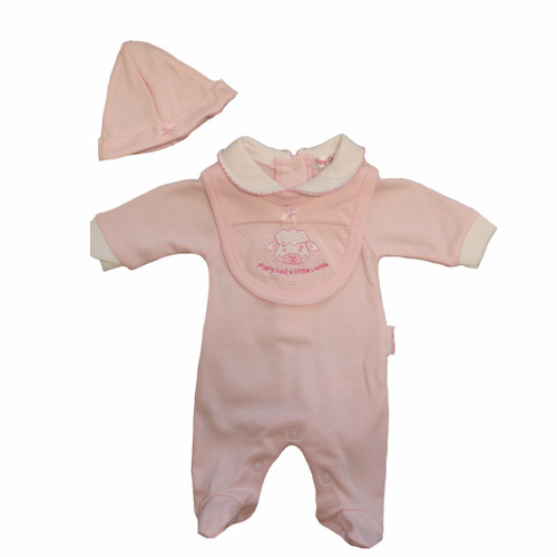 Pink babygrow with white scalloped collar, matching bib and hat