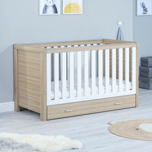 Luno Cot Bed With Drawer - White Oak  + Free Mattress