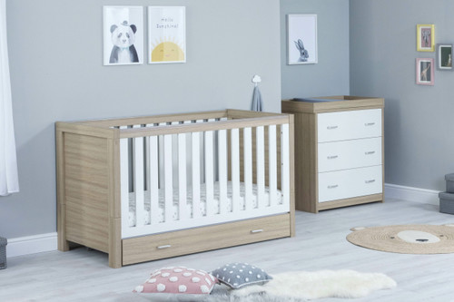 Babymore Luno White Oak 2 Piece Room Set – Cot Bed with Drawer & Chest  + Free Mattress