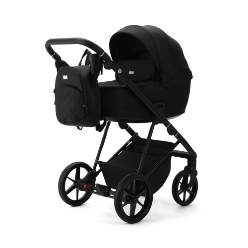 Stylish all-black Milano Evo pram by Mee-go, showcasing a sleek design with adjustable features and essential