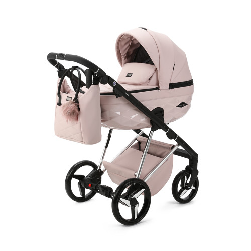 Milano Quantum pram, a stylish and versatile travel system pretty light pink colour. Includes easy-fold chassis, spacious carrycot, adjustable seat, and protective car seat. Perfect for modern parenting