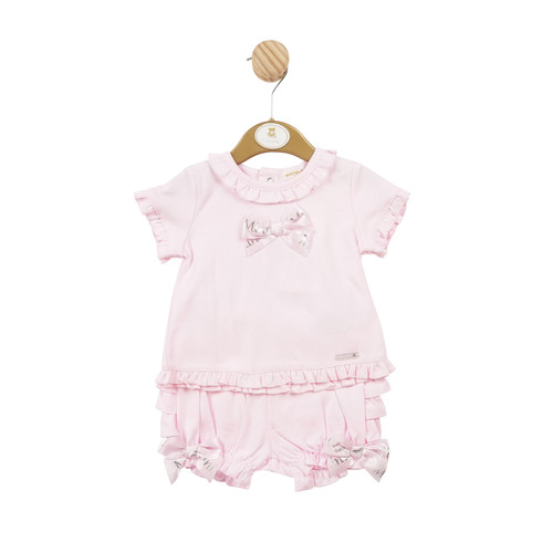 mintini pink baby top with ribbon bow and frilly bloomers with and bows