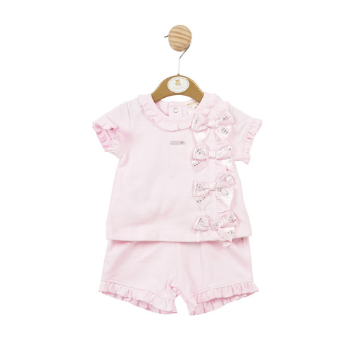 mintini baby pink t-shirt with side bows and matching shorts with frill trim