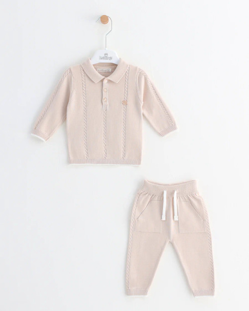 leoking beige knitted trousers and jumper set