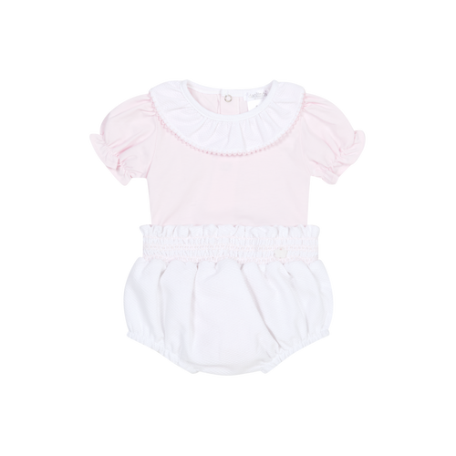 deolinda baby girls pink t-shirt with white collar and matching white bloomers