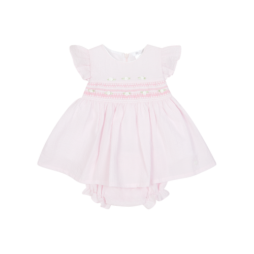 deolinda pink short sleeve dress with white rosebuds & smocked details with matching bloomers