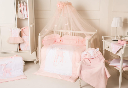 Sofija 5 piece bedding set for a girl. pink & white with
Decorative fawn embroidery with dimensional flowers