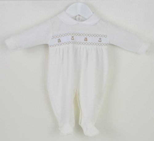 Pex Ivory Teddy Smocked Sleepsuit