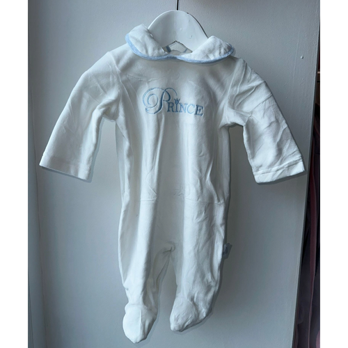 London Baby Velour White & Blue Prince Babygrow London Baby Velour White & Blue Prince Babygrow