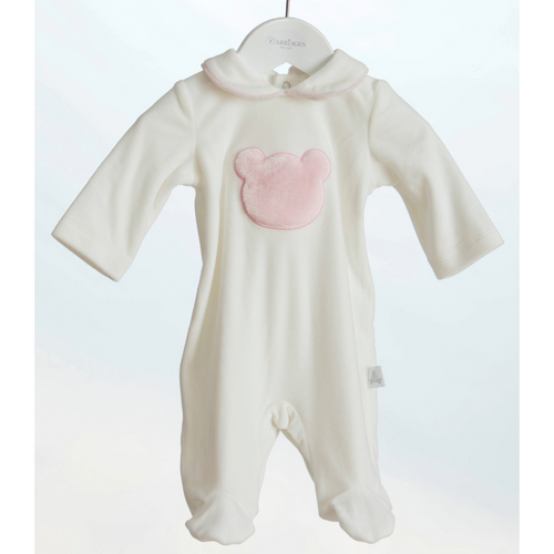 Carriages The Label White & Pink Teddy Velour Babygrow