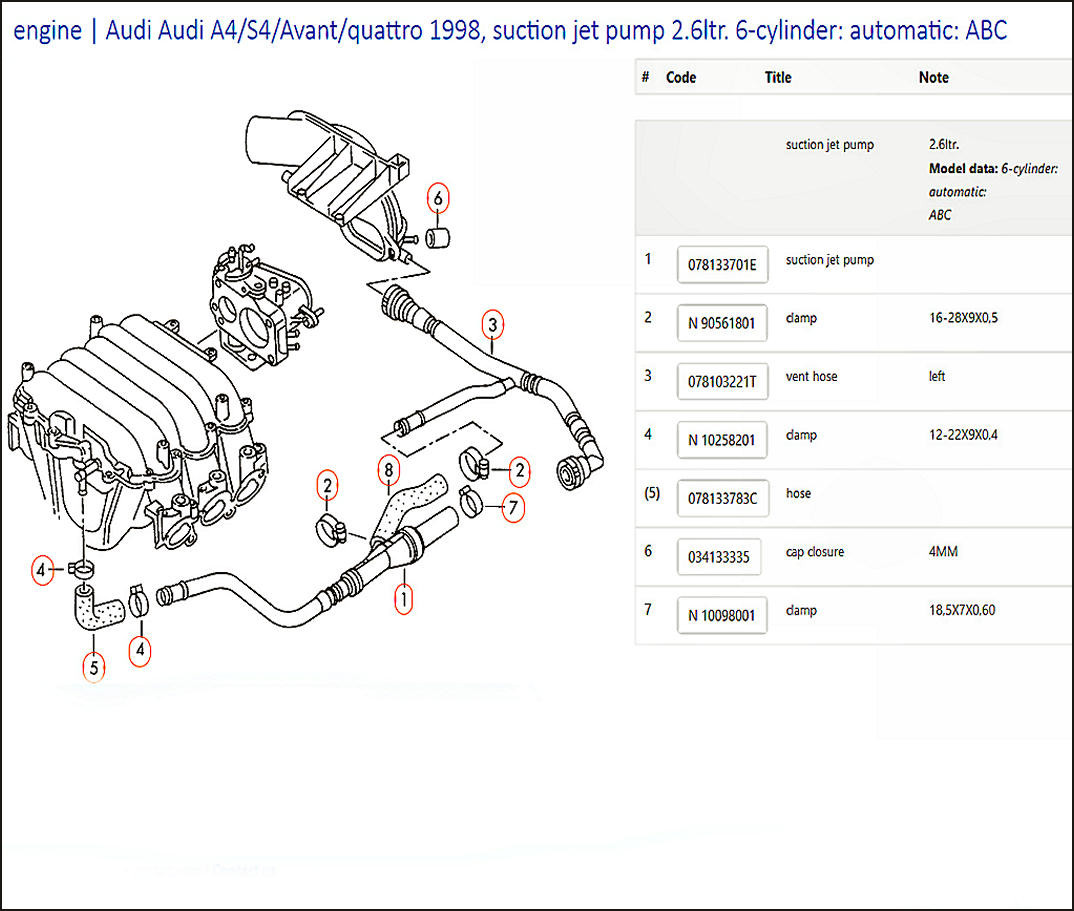 AUDI SUCTION JET PUMP 2.6L 2.8L V6 ABC AAH 078133701E USED GENUINE 1995 ...