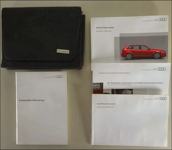 GENUINE AUDI FACTORY HANDBOOK WALLET SET OWNERS MANUAL RADIO SOUND SYSTEM QUICK REFERENCE A3 8P 5-DOOR SPORTBACK 2009 2010 2011 2012 FACELIFT 111.561.8PA.20 102.562.755.20 101.566.3RA.20