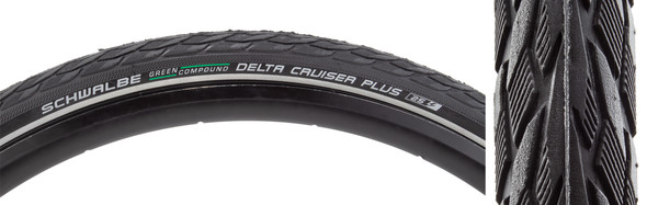 Schwalbe Tire Delta Cruiser Plus 26X1.75 Active Twin Gn-Guard Black/Black/Ref Gn-Compound E25 Wire