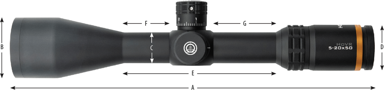 HoVR 1-8x24mm LPVO riflescope dimensions diagram