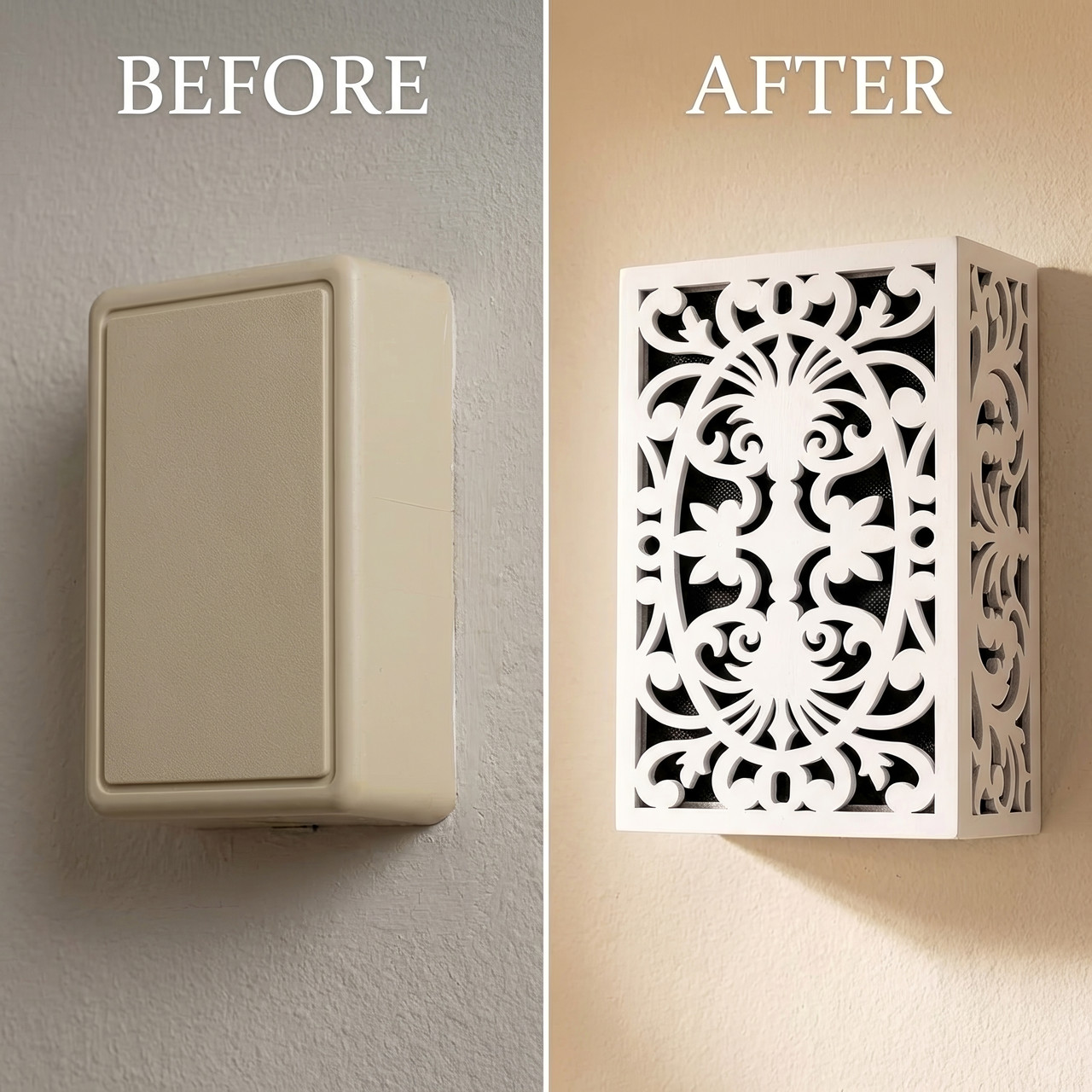Doorbell chime cover styled on entryway wall
